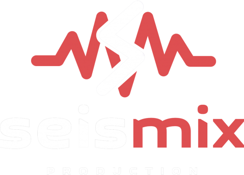 Seismix Production Audio Engineering, Mixing, Mastering Logo in red and white colors.